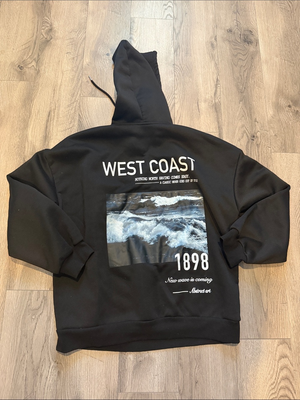 SHEIN Black "West Coast" Graphic Hoodie with Ocean Print